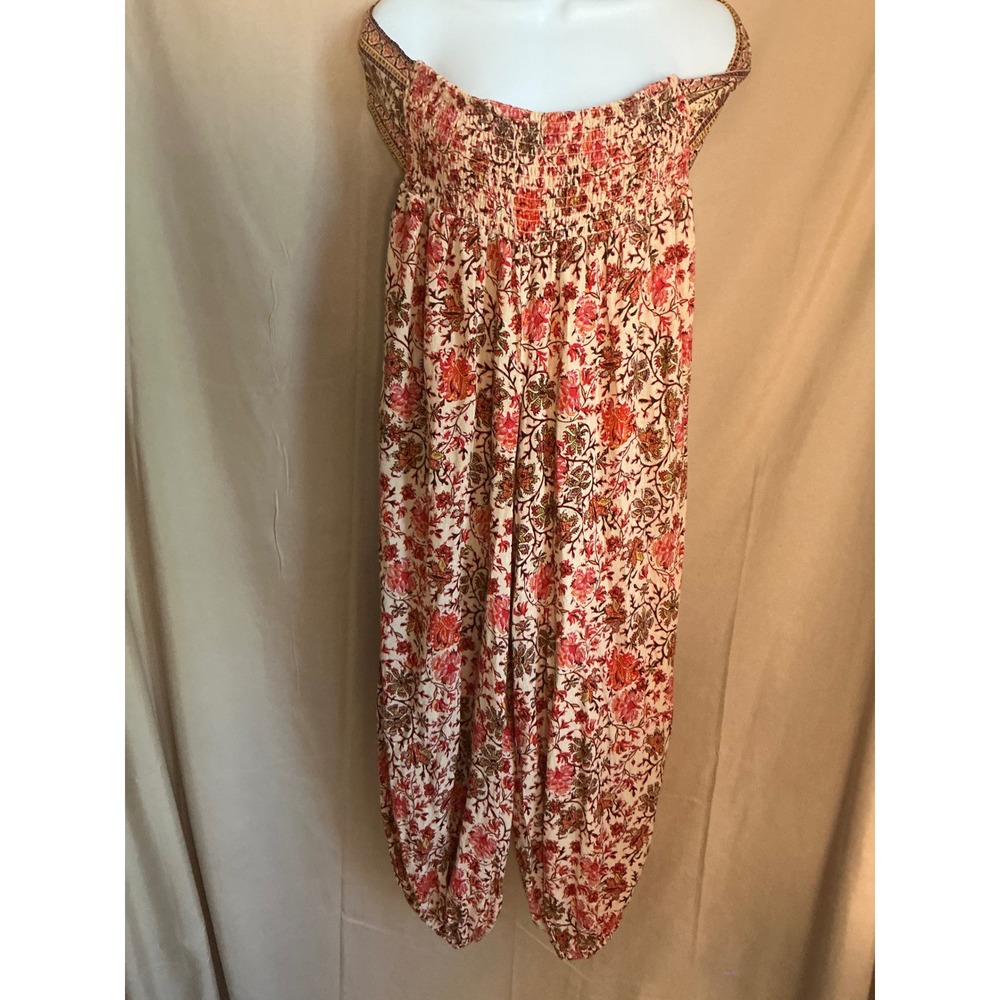 Nicole Miller Jumpsuit Womens Small Red Floral Smocked Halter Harem Excellent